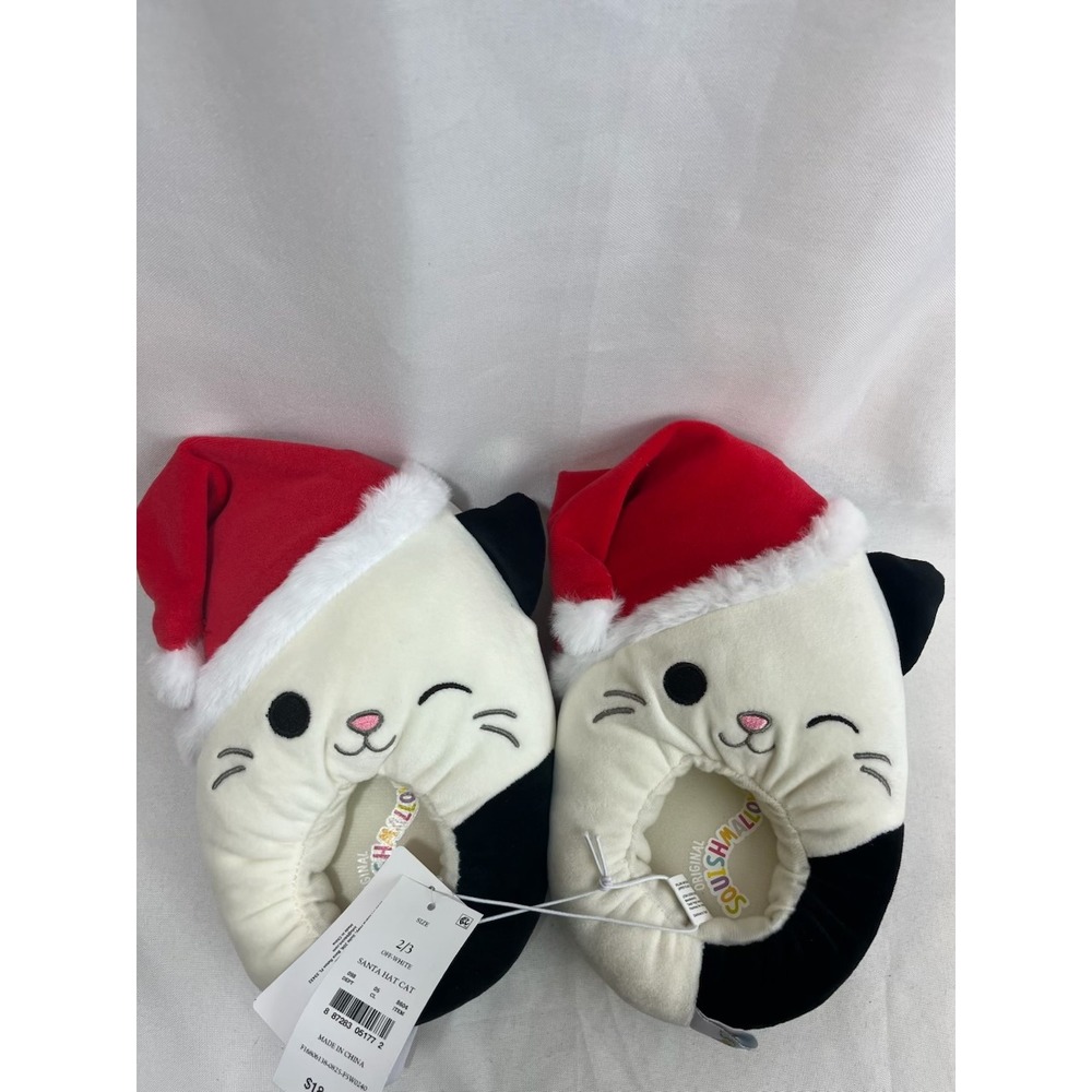 Squishmallows Santa Hat Cat‎ Slippers Off-White Black Christmas Holiday Size 2/3